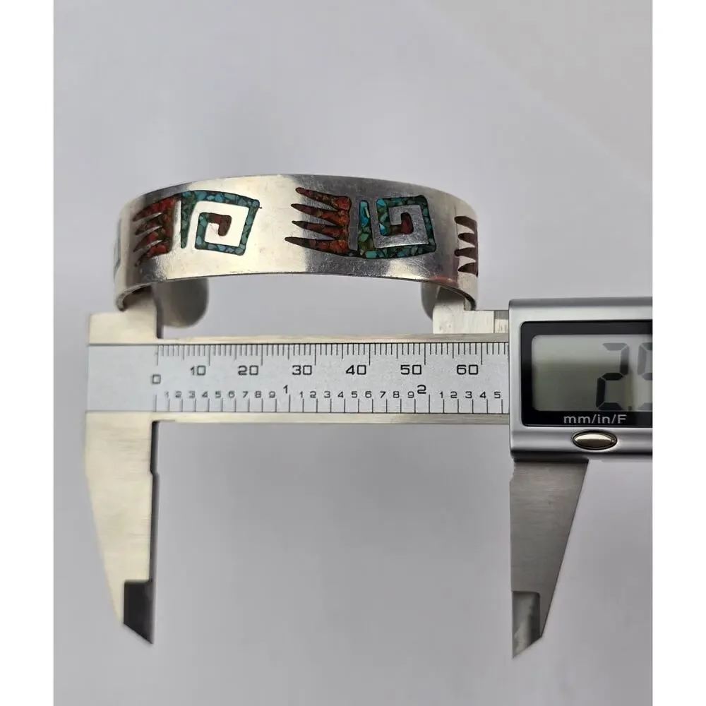 Navajo Sterling Silver Crushed Chip Turquoise & Coral Flush Cuff Bracelet 7.5